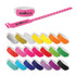 A collection of plastic event wristbands in various colours, including pink, yellow, green, and purple, featuring a logo.