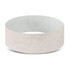 A white Tyvek event wristband with a textured appearance, featuring a smooth interior. It has a logo on it.