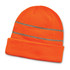 An orange beanie featuring reflective stripes and a folded cuff, designed for high visibility.