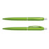 A green plastic pen with a sleek design, featuring a clip and a shiny silver tip. It has a simple branding logo.