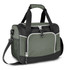 A green and black cooler bag featuring a zipped compartment, carrying handles, and a detachable shoulder strap.