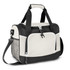 A grey and black cooler bag with a removable shoulder strap and mesh side pockets, featuring a logo.