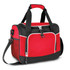 A red and black cooler bag with a zippered compartment, featuring a mesh side pocket and dual handles.