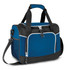 A cooler bag in navy blue with black accents, featuring a zippered top and adjustable shoulder strap.