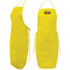 A bright yellow bib apron with an adjustable neck strap and a tie at the waist, featuring a branding logo.