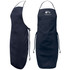 Navy blue apron with a logo, featuring ties at the waist and a simple design for workwear use.