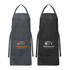 A pair of bib aprons in dark grey and black, featuring logos on the front.