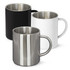 A set of three Thermax Coffee Mugs in different finishes: matte black, glossy white, and brushed stainless steel.