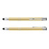 A gold metal stylus pen featuring a sleek design and a chrome clip. It has a logo on its body.