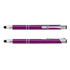 A purple metal stylus pen with silver accents, featuring a clip and a dual-function design for writing and touchscreen use.