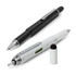 A black and silver multi-function pen and a white pen with a ruler and level, featuring a brand logo.
