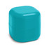 A teal lip balm container with a rounded square shape and a subtle shine. It features branding on the surface.