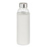 A drink bottle with a stainless steel lid and a light grey neoprene sleeve for insulation. It features a logo.