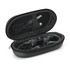 A black zippered case containing Olympic Bluetooth earbuds with a charging cable and control feature.