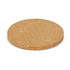 A round cork coaster in a natural light brown colour with a textured surface and a slight thickness.