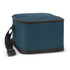 A square teal cooler bag with a zippered top and a shoulder strap, featuring a black base. It has a side pocket.