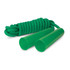 A green skipping rope with plastic handles, coiled rope, and matching handle grips.