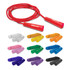 A skipping rope with red handles and a long red cord, available in various other colours. Features a logo on handles.