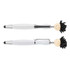 Two stylus pens with smiley-faced toppers and black yarn hair, featuring a white barrel and silver accents.