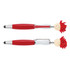 Two red and silver pens featuring a playful design with a pom-pom topper and a smiling face.