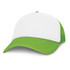 A trucker cap featuring a white front and a bright green mesh back and visor.