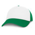 A trucker cap featuring a white front with a green visor and mesh back.