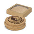 A round set of four natural cork coasters featuring a fish design, packaged in a simple box.