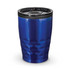 A drink bottle in a shiny blue finish with a textured surface and a black lid. It features a logo on the side.