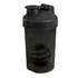 A drink bottle in dark grey with a secure lid and built-in mixing element, featuring a logo.