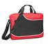A red and black conference satchel with carry handles and a shoulder strap, featuring a prominent logo.