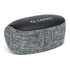 A grey and black Bluetooth speaker with a textured fabric covering and a logo on top.