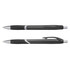 A set of black translucent plastic pens with silver accents, featuring textured grip and clip.