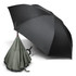A dark green and black inverted umbrella, showcasing its unique design and a folded section. It features a logo.