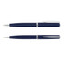 A metal pen set featuring the Pierre Cardin Calais model, displayed in a sleek navy blue color with silver accents.