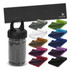 A black tube containing a grey cooling towel, with multiple folded towels in various colours displayed around it.