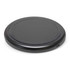 A round, black wireless charger with a smooth surface and a port on the side.