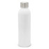 A drink bottle in white with a stainless steel cap and a simple design, featuring a logo.