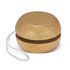 A wooden yoyo with a smooth finish and a string attached.
