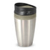 A stainless steel coffee cup with a black and olive green lid, featuring a logo on the side.