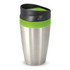 A stainless steel coffee cup with a green and black lid, featuring a logo on the side.