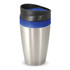 A stainless steel coffee cup with a black and blue lid. It has a sleek and modern design, featuring a logo.