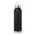 A drink bottle featuring a sleek black design with a stainless steel bottom and a secure lid with a handle.