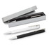 A sleek black and white Lamy Logo pen set presented in a grey box with a soft interior.