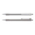 A metal pen set in silver, featuring a sleek design and a subtle logo. Two pens are displayed together.