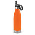 A drink bottle featuring a vibrant orange body with a stainless steel base and a black flip lid.
