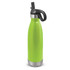 A drink bottle featuring a vibrant green body, stainless steel bottom, and a black flip lid with a handle.