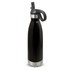 A drink bottle with a sleek black design, featuring a flip lid and a stainless steel base.