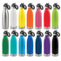 A drink bottle collection featuring various colours, including stainless steel, white, yellow, orange, pink, red, green, blue, and purple. Each has a flip lid and branding.