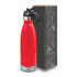A drink bottle in bright red with a stainless steel base, featuring a flip lid and packaged in a decorative box.