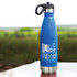 A drink bottle in vibrant blue with a stainless steel base, featuring a flip lid and a logo.
